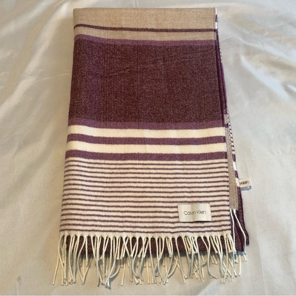 Calvin Klein CK Plum Wine Tan Stripe Oversized Scarf Blanket Shawl SOFT 78x24” - Picture 1 of 16